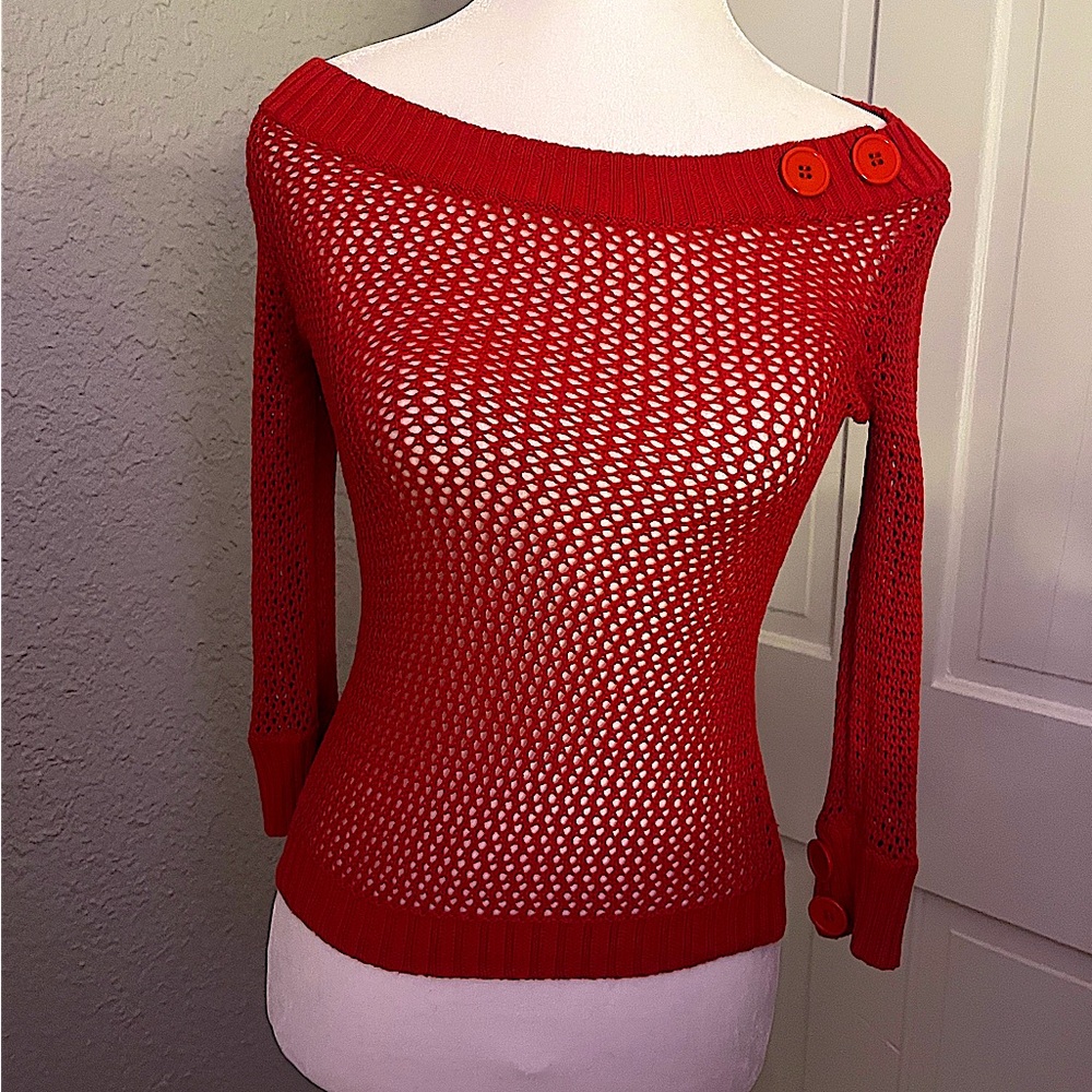 XS red Fossil knit sheer crewneck sweater